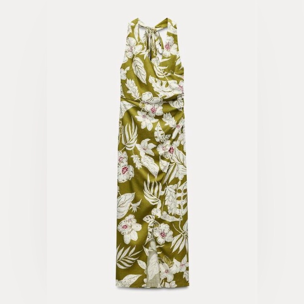 ZARA TROPICAL LINEN BLEND FLORAL PRINT HALTER DRESS ZW COLLECTION Green Cream M